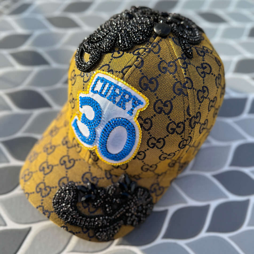 Limited Edition Custom Beaded Black Crystal Applique Steph Curry Hat
