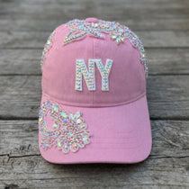 Custom Beaded AB Crystal Applique Pink New York Hat - Rebel P Customs