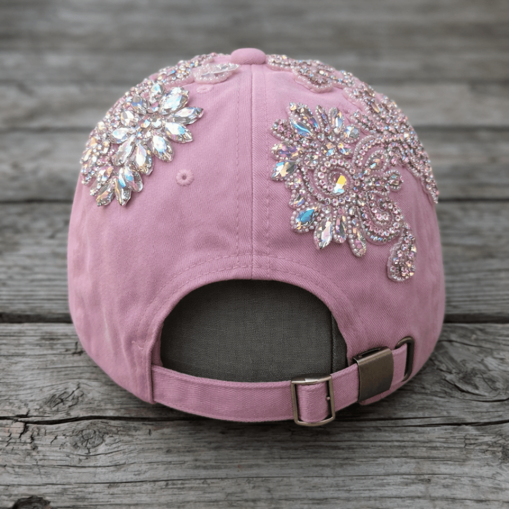 Custom Beaded AB Crystal Applique Pink New York Hat - Rebel P Customs