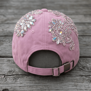 Custom Beaded AB Crystal Applique Pink New York Hat - Rebel P Customs