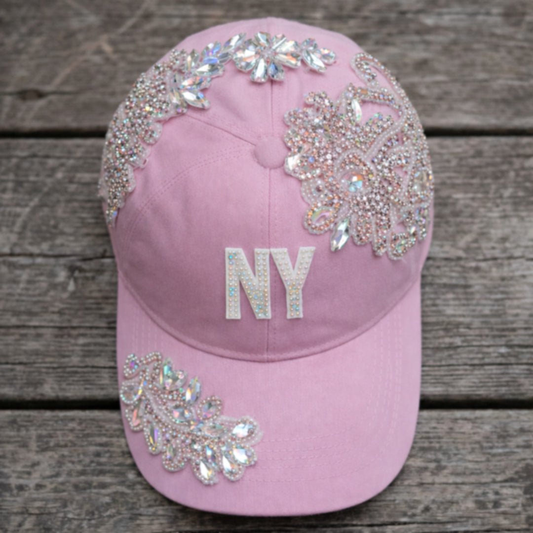 Custom Beaded AB Crystal Applique Pink New York Hat - Rebel P Customs
