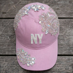 Custom Beaded AB Crystal Applique Pink New York Hat - Rebel P Customs