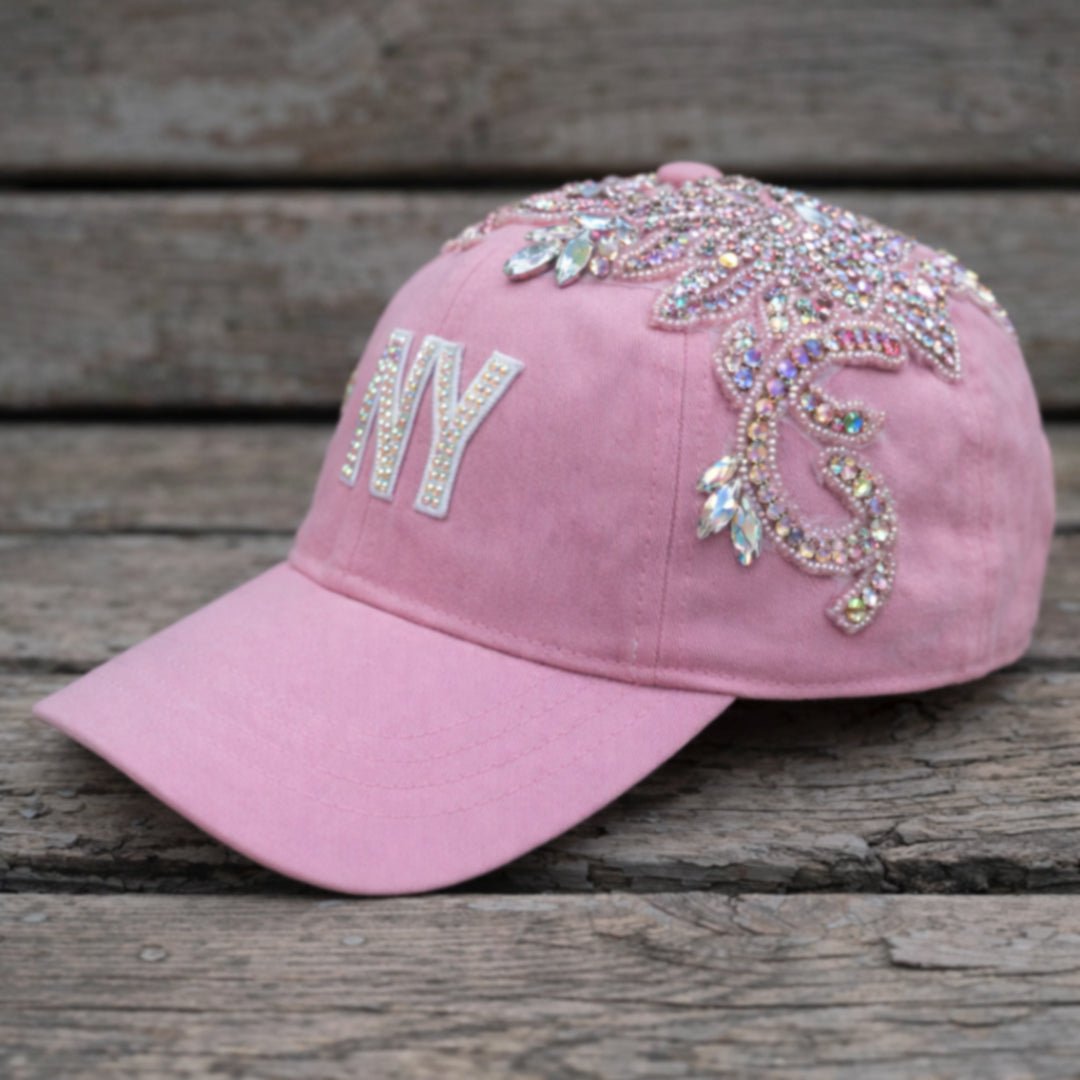 Custom Beaded AB Crystal Applique Pink New York Hat - Rebel P Customs