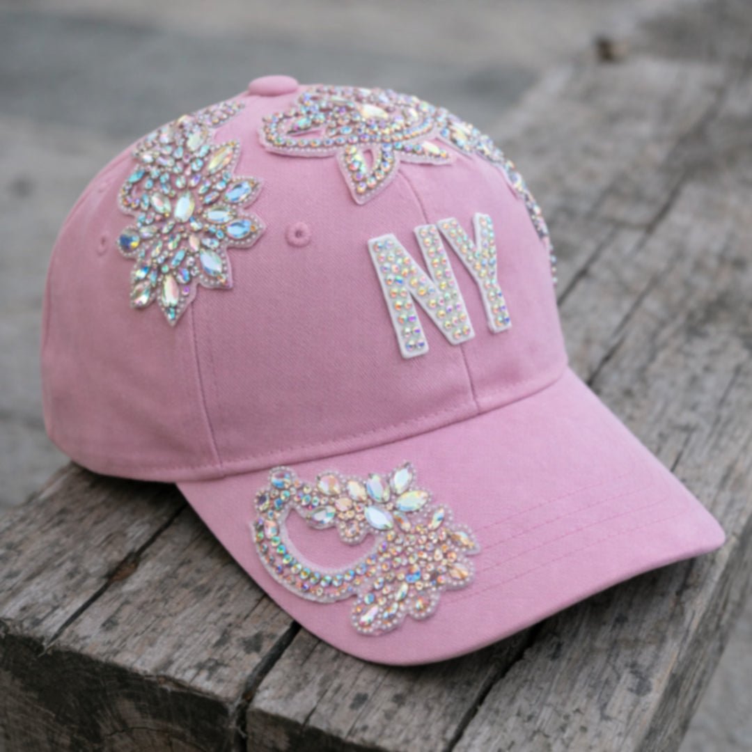 Custom Beaded AB Crystal Applique Pink New York Hat - Rebel P Customs