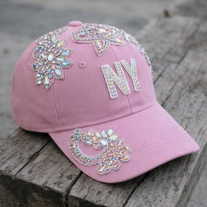 Custom Beaded AB Crystal Applique Pink New York Hat - Rebel P Customs