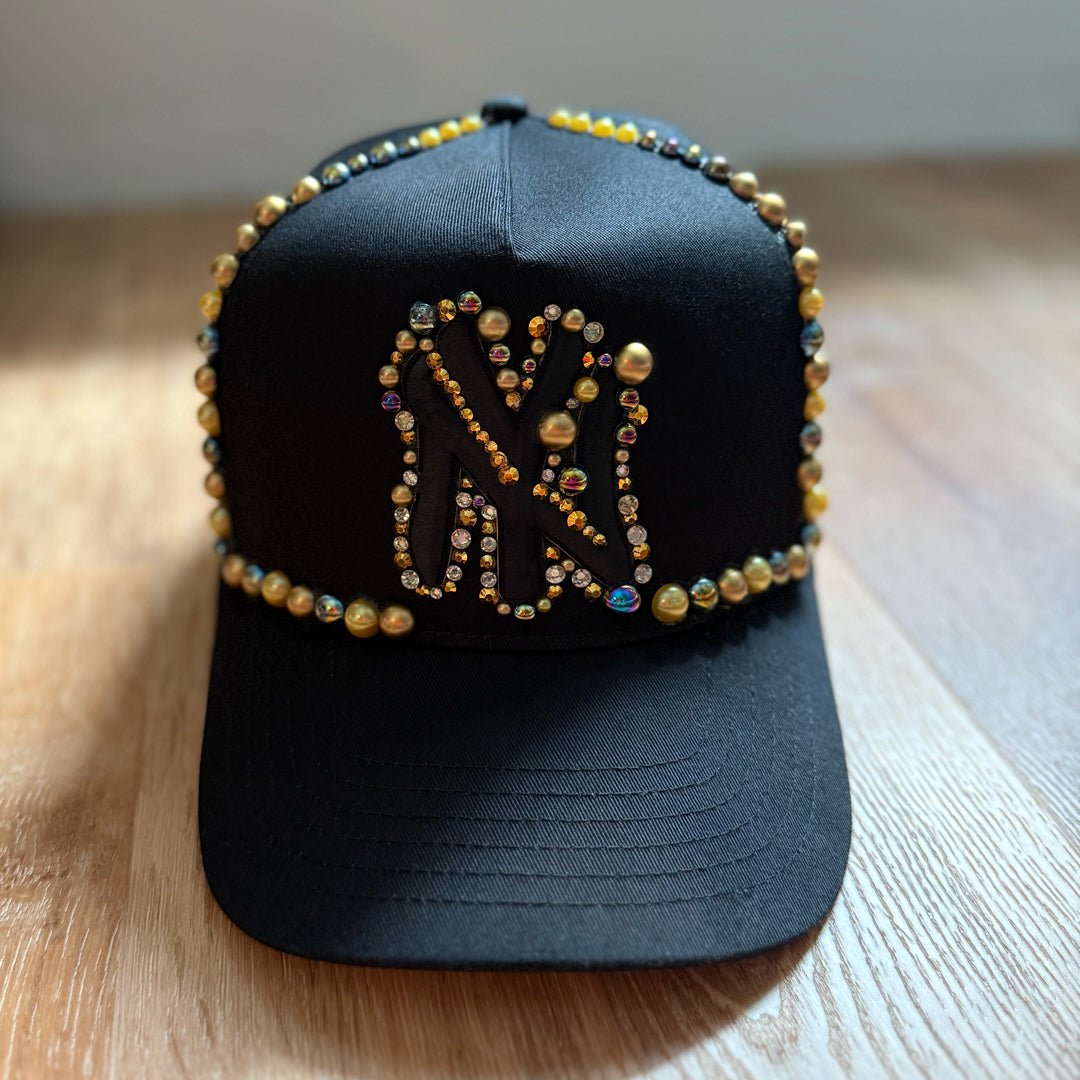 Custom Beaded Black and Gold Pearl New York Hat - Rebel P Customs
