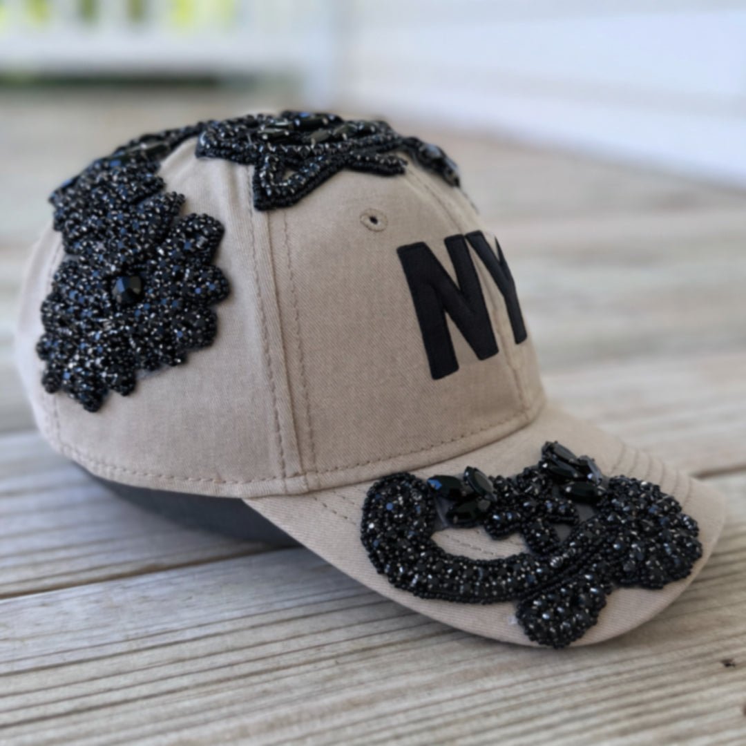 Custom Beaded Black Crystal Applique Big New York Hat - Rebel P Customs