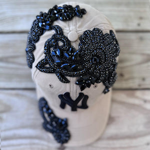 Custom Beaded Black Crystal Applique Big New York Hat - Rebel P Customs