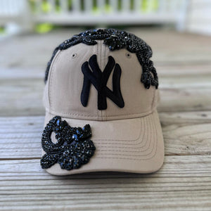 Custom Beaded Black Crystal Applique Big New York Hat - Rebel P Customs