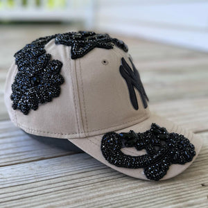 Custom Beaded Black Crystal Applique Big New York Hat - Rebel P Customs