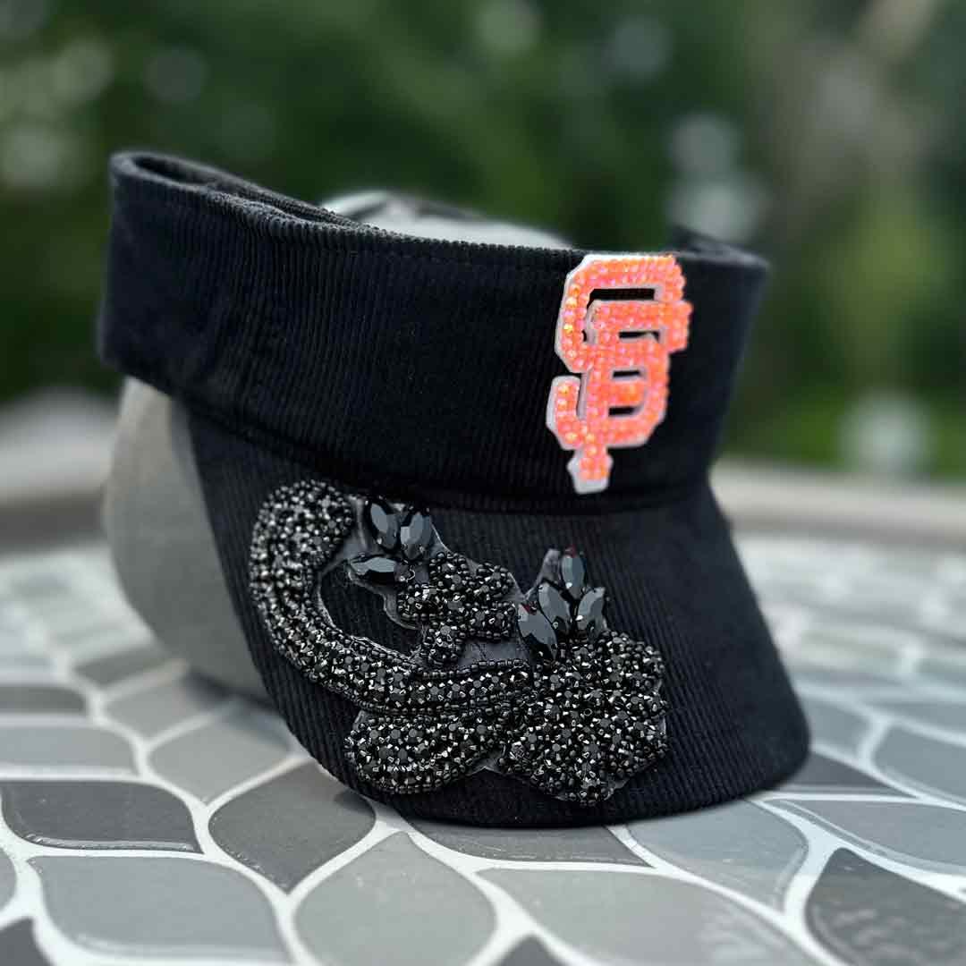 Custom Beaded Black Crystal Applique Glow In The Dark San Francisco Visor - Rebel P Customs