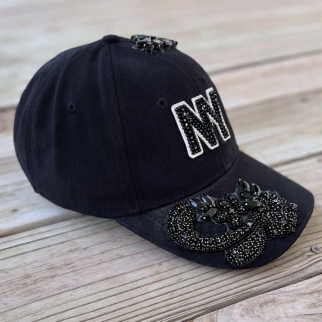 Custom Beaded Black Crystal Applique New York Hat - Rebel P Customs
