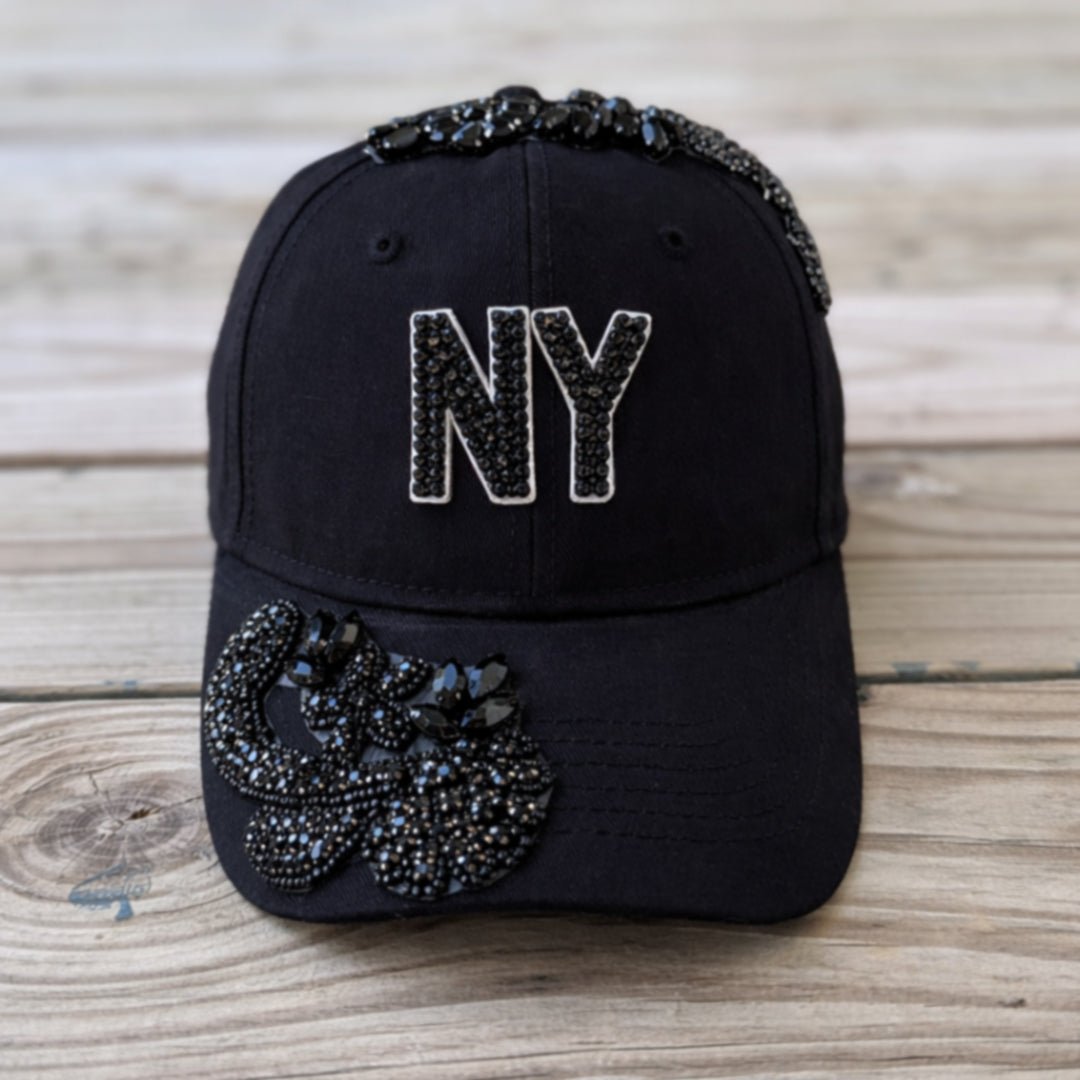 Custom Beaded Black Crystal Applique New York Hat - Rebel P Customs