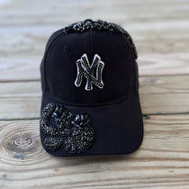 Custom Beaded Black Crystal Applique New York Hat - Rebel P Customs
