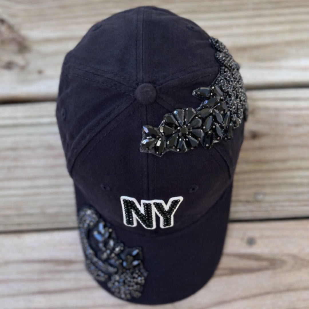 Custom Beaded Black Crystal Applique New York Hat - Rebel P Customs