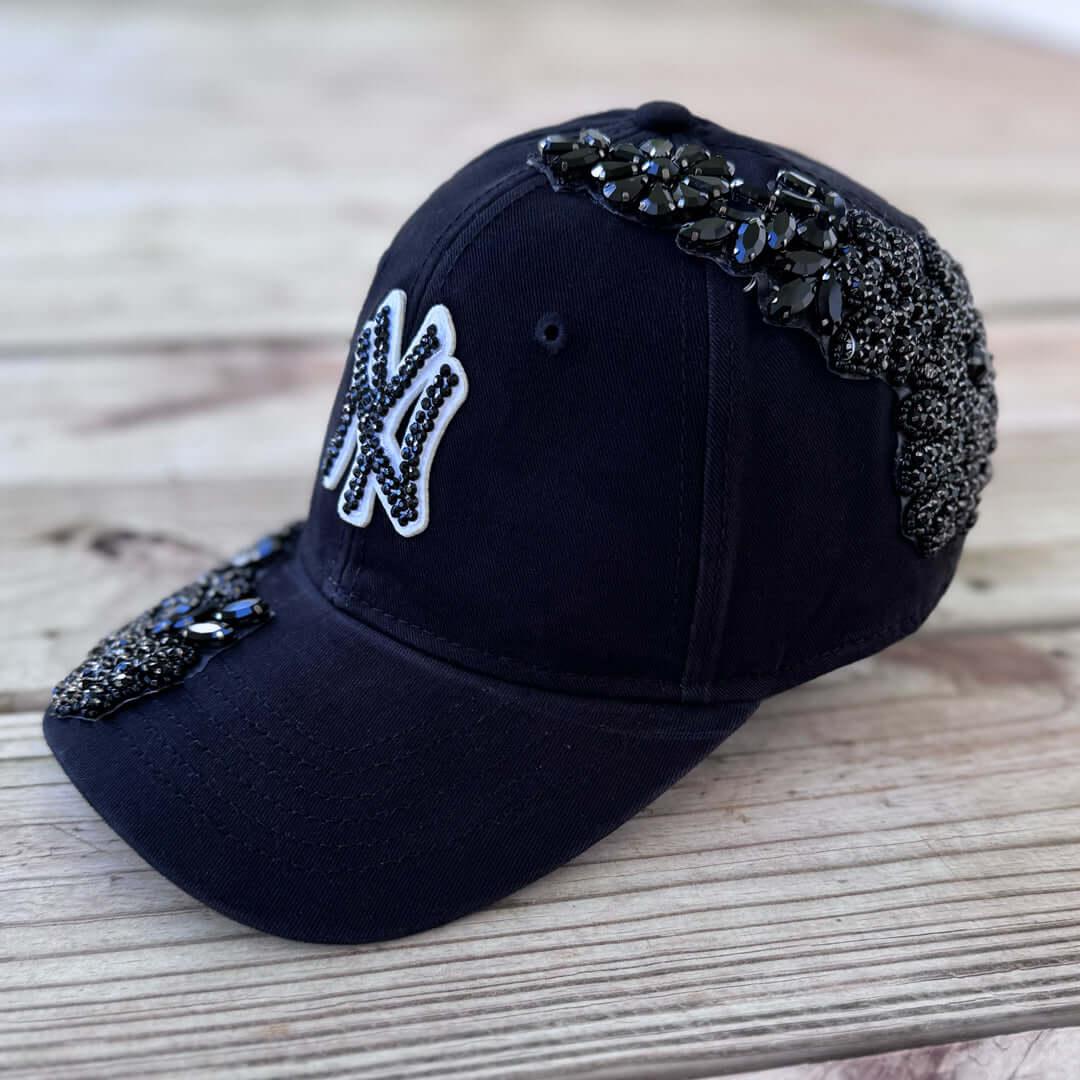 Custom Beaded Black Crystal Applique New York Hat - Rebel P Customs