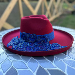 Custom Beaded Blue Crystal Applique Fedora Hat - Rebel P Customs