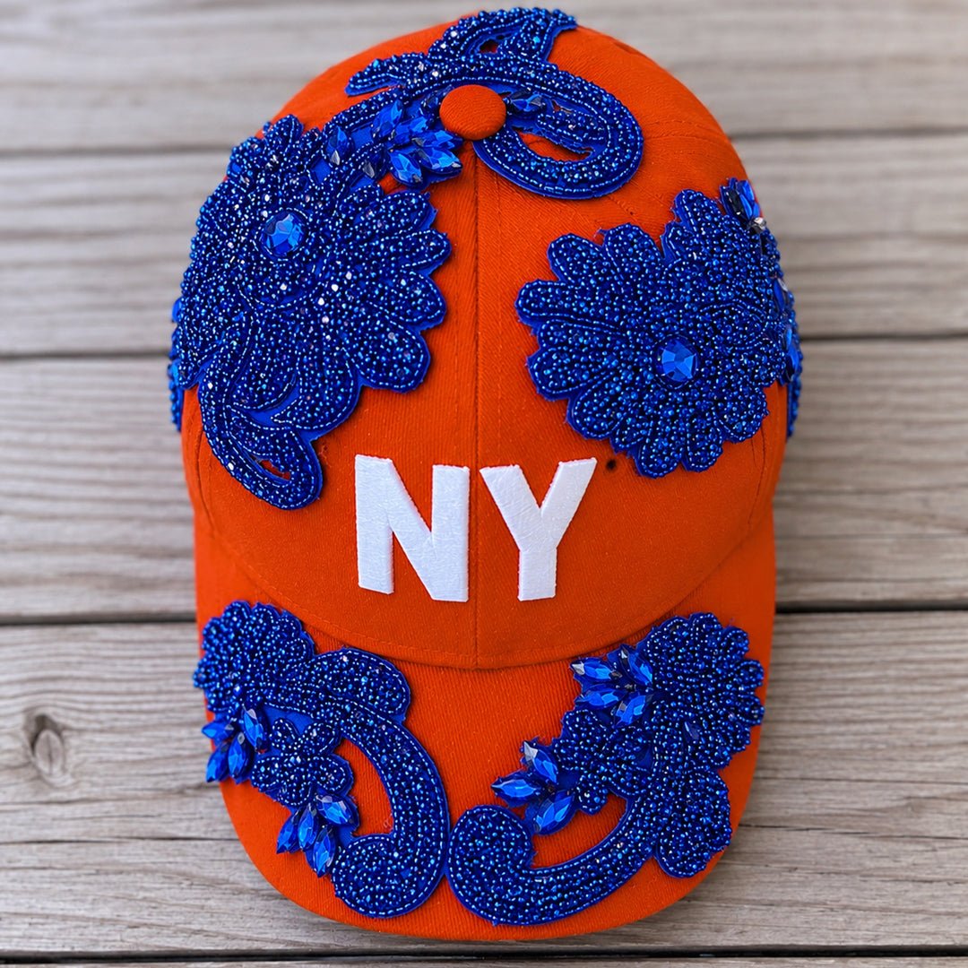 Top View Custom Beaded Blue Crystal Applique Orange New York Hat - Rebel P Customs