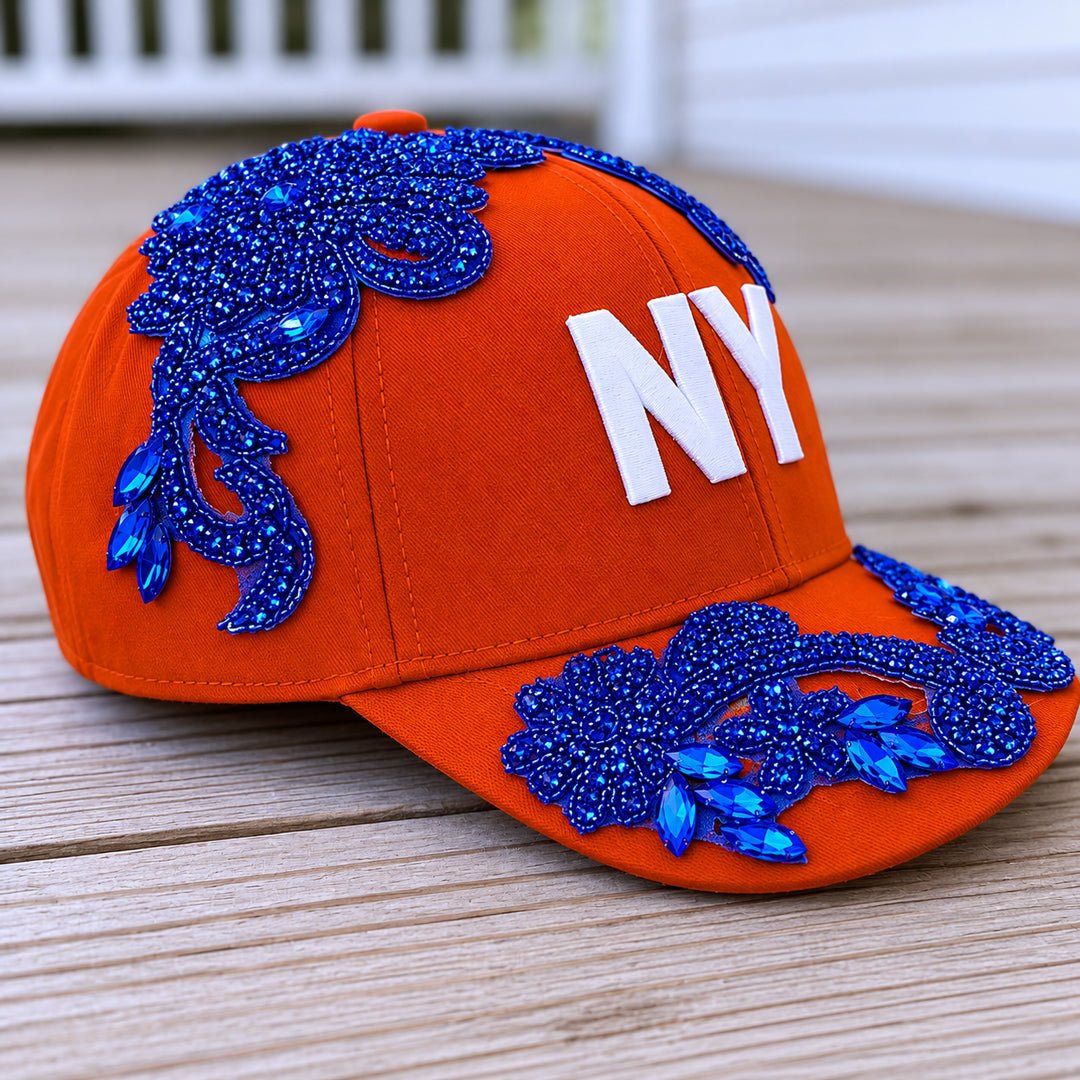 Left View Custom Beaded Blue Crystal Applique Orange New York Hat - Rebel P Customs