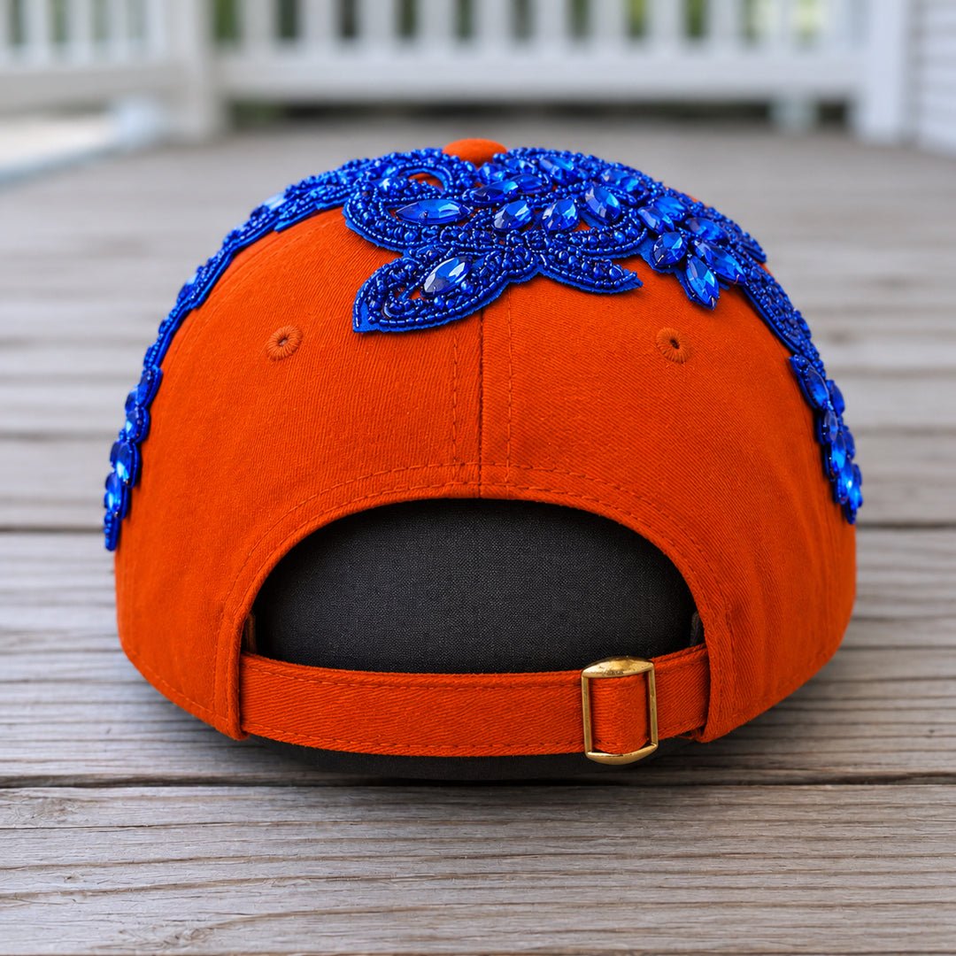 Back View Custom Beaded Blue Crystal Applique Orange New York Hat - Rebel P Customs
