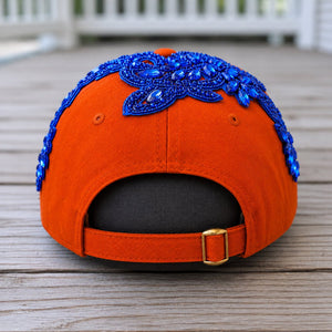 Back View Custom Beaded Blue Crystal Applique Orange New York Hat - Rebel P Customs