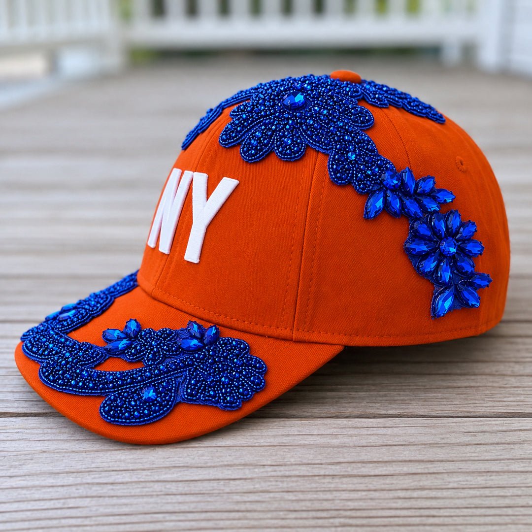 Right View Custom Beaded Blue Crystal Applique Orange New York Hat - Rebel P Customs