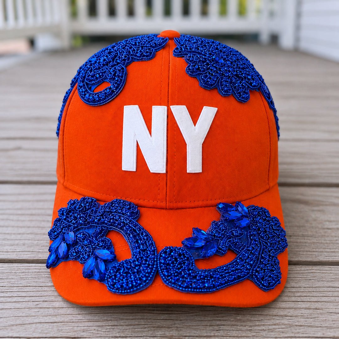Front View Custom Beaded Blue Crystal Applique Orange New York Hat - Rebel P Customs