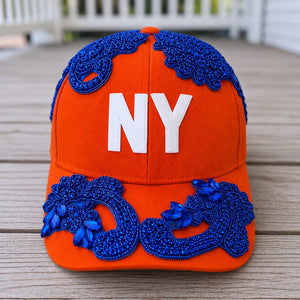 Front View Custom Beaded Blue Crystal Applique Orange New York Hat - Rebel P Customs
