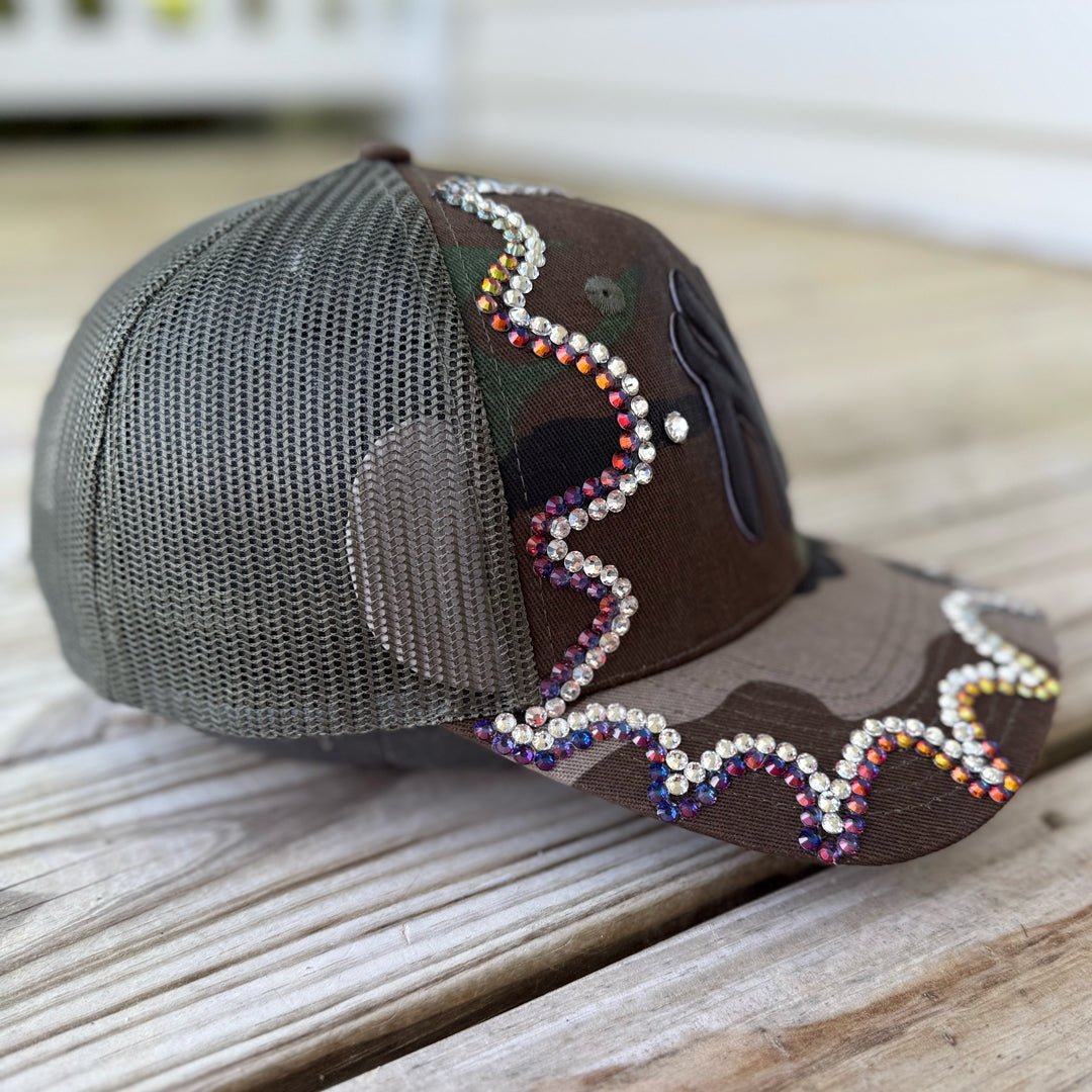 Custom Beaded Chameleon Crystal Applique New York Camo Hat - Rebel P Customs