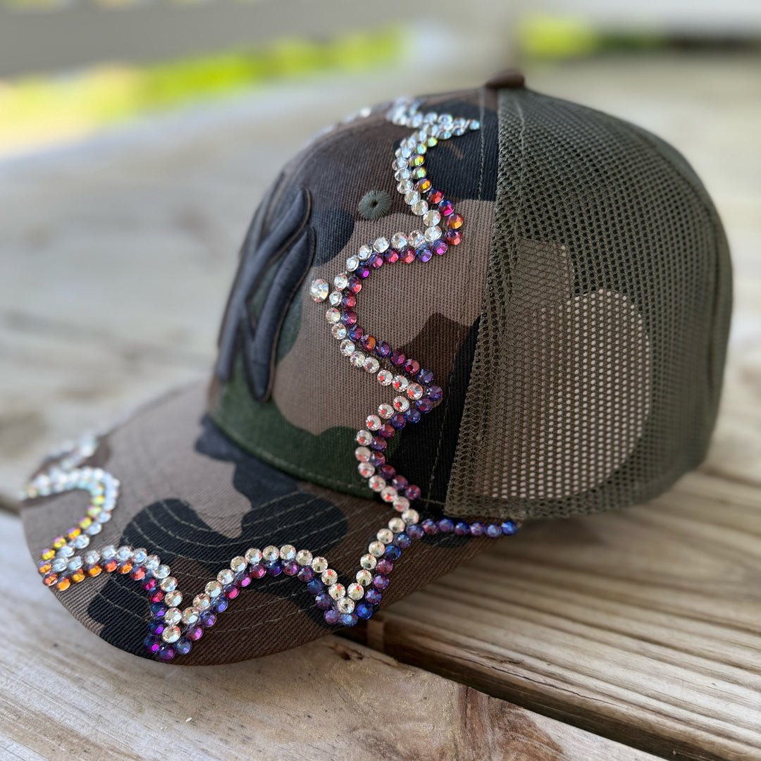 Custom Beaded Chameleon Crystal Applique New York Camo Hat - Rebel P Customs