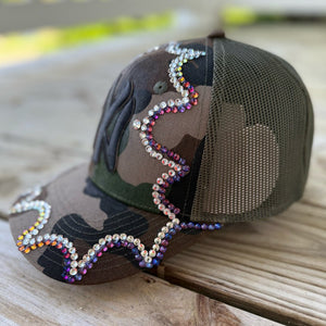 Custom Beaded Chameleon Crystal Applique New York Camo Hat - Rebel P Customs