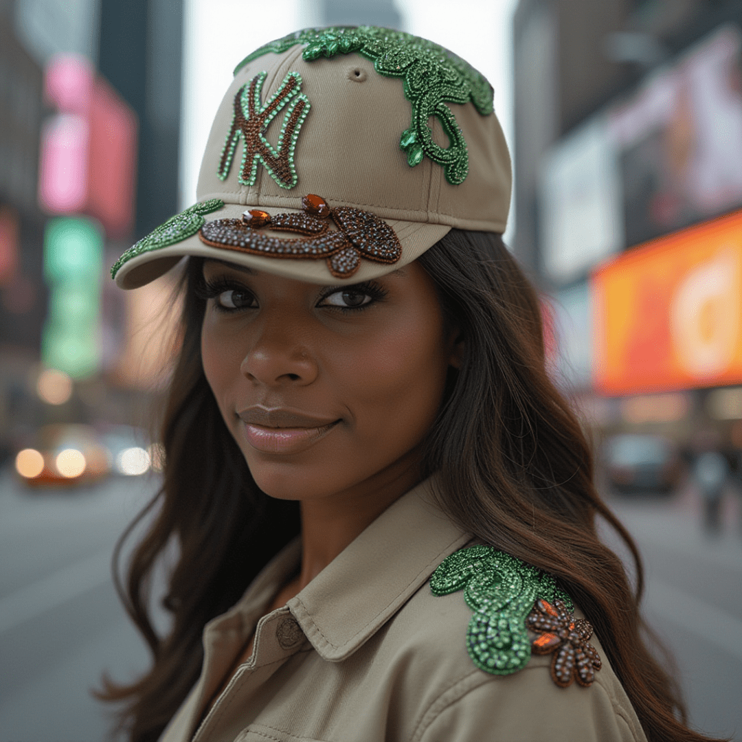 Custom Beaded Crystal Multicolor Applique Big New York Hat - Rebel P Customs