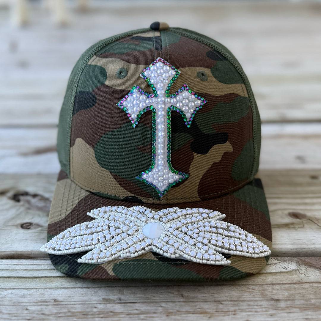 Custom Beaded Crystal Multicolor Applique Cross Hat