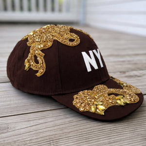 Custom Beaded Gold Crystal Applique Brown New York Hat - Rebel P Customs