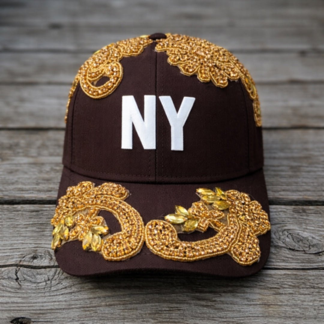 Custom Beaded Gold Crystal Applique Brown New York Hat - Rebel P Customs