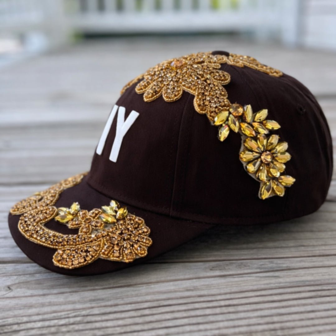 Custom Beaded Gold Crystal Applique Brown New York Hat - Rebel P Customs