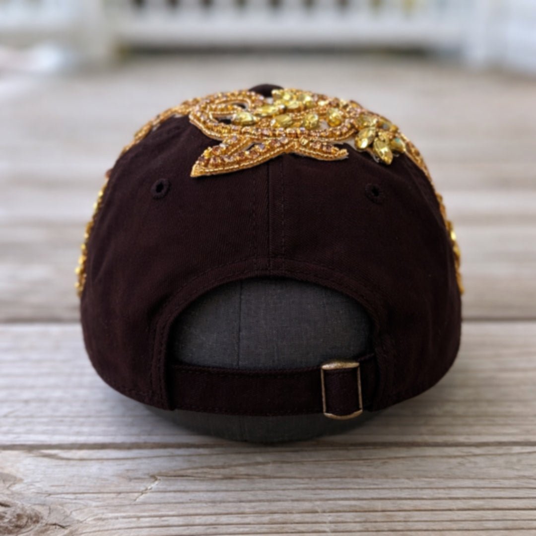 Custom Beaded Gold Crystal Applique Brown New York Hat - Rebel P Customs