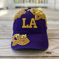 Custom Beaded Gold Crystal Applique LA Hat - Rebel P Customs