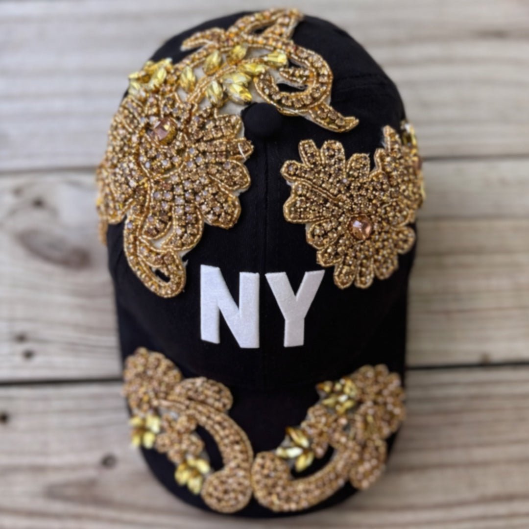 Custom Beaded Gold Crystal Applique New York Hat - Rebel P Customs