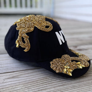 Custom Beaded Gold Crystal Applique New York Hat - Rebel P Customs