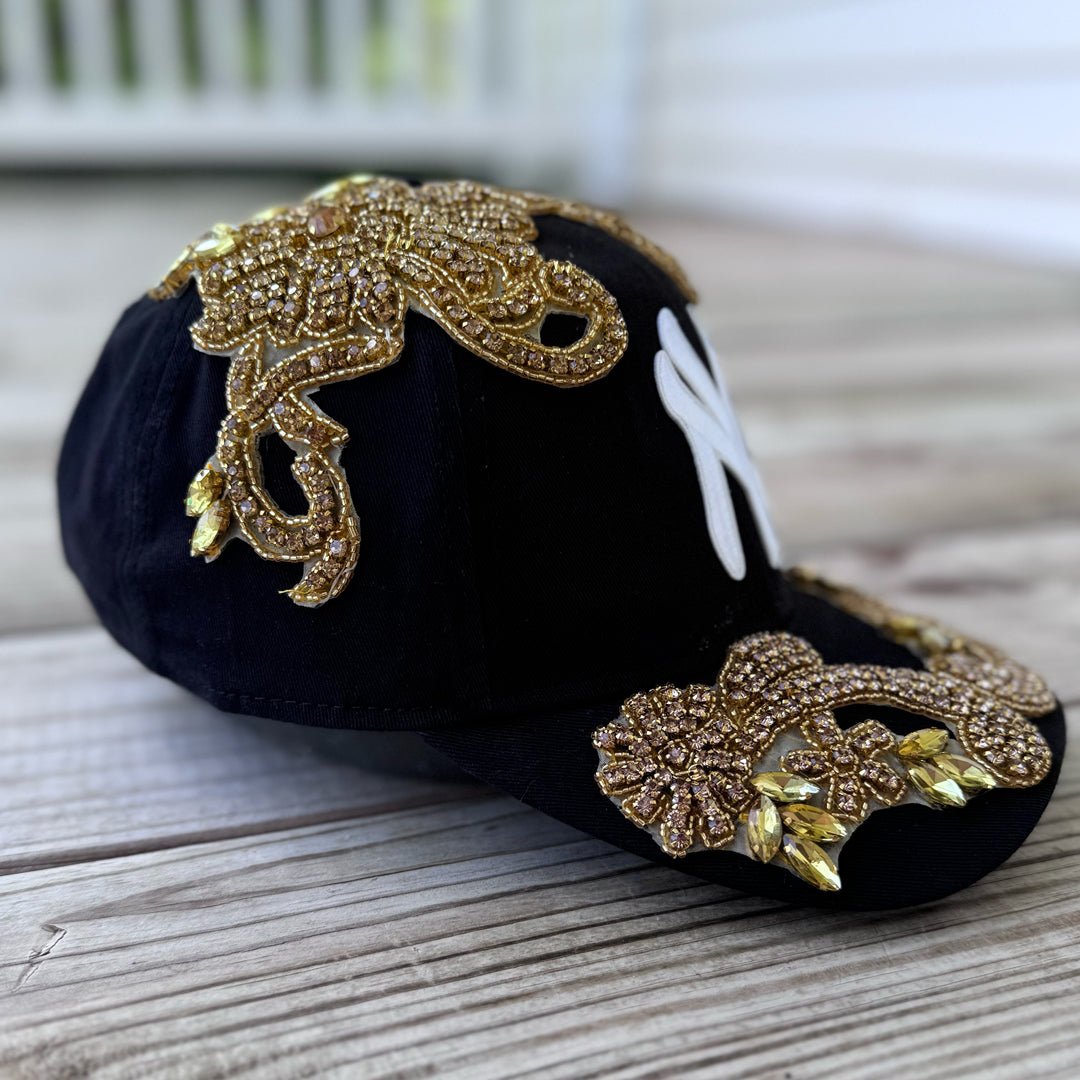 Custom Beaded Gold Crystal Applique New York Hat - Rebel P Customs