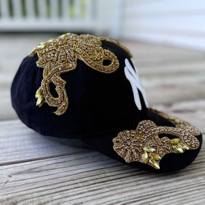 Custom Beaded Gold Crystal Applique New York Hat - Rebel P Customs