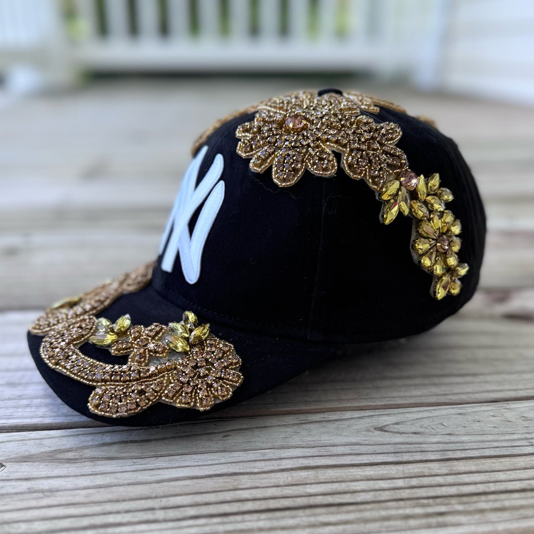 Custom Beaded Gold Crystal Applique New York Hat - Rebel P Customs