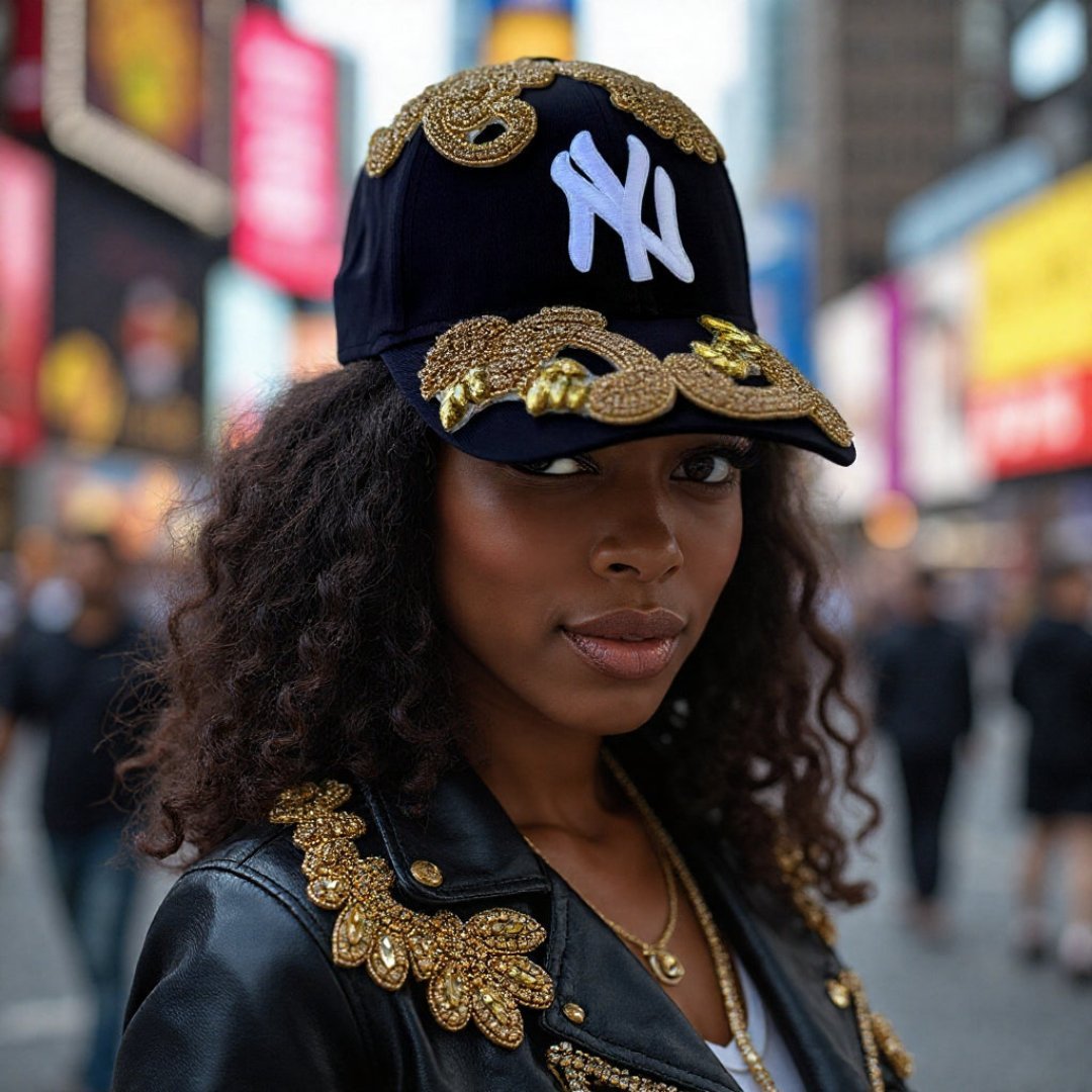 Custom Beaded Gold Crystal Applique New York Hat - Rebel P Customs