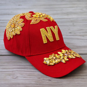 Custom Beaded Gold Crystal Applique New York Hat - Rebel P Customs