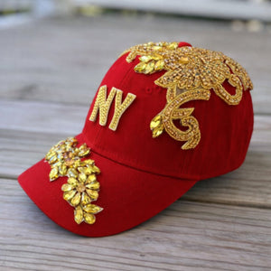Custom Beaded Gold Crystal Applique New York Hat - Rebel P Customs