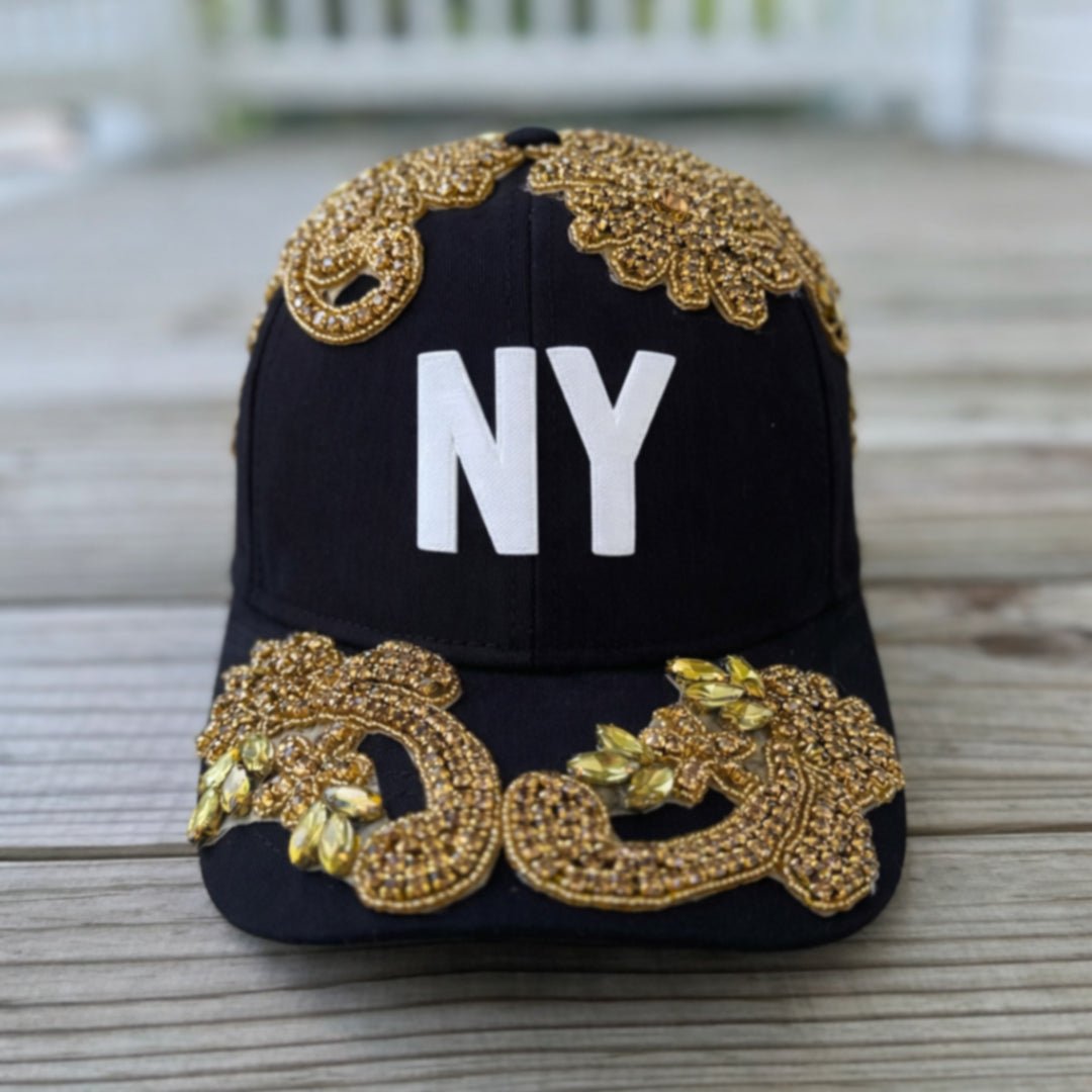 Custom Beaded Gold Crystal Applique New York Hat - Rebel P Customs