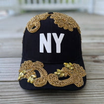 Custom Beaded Gold Crystal Applique New York Hat - Rebel P Customs