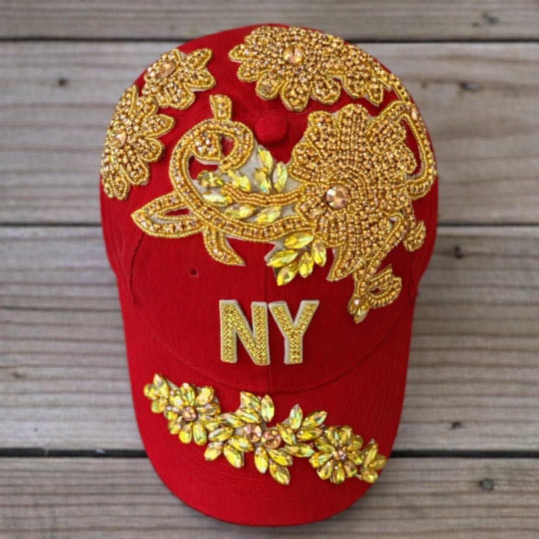 Custom Beaded Gold Crystal Applique New York Hat - Rebel P Customs