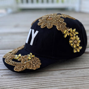 Custom Beaded Gold Crystal Applique New York Hat - Rebel P Customs